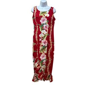 Vintage Hawaiian Midi Dress Cotton Luau Tropical Hibiscus Ruffle Hi Low Size M